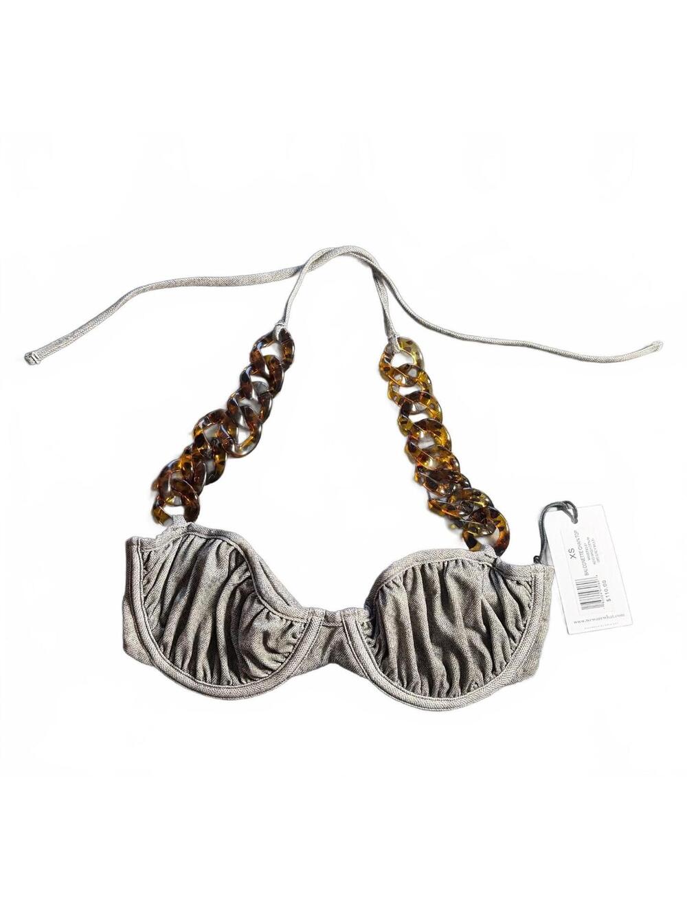 WEWOREWHAT Underwired balconette chain bikini top acid wash Denim XS NWT $110